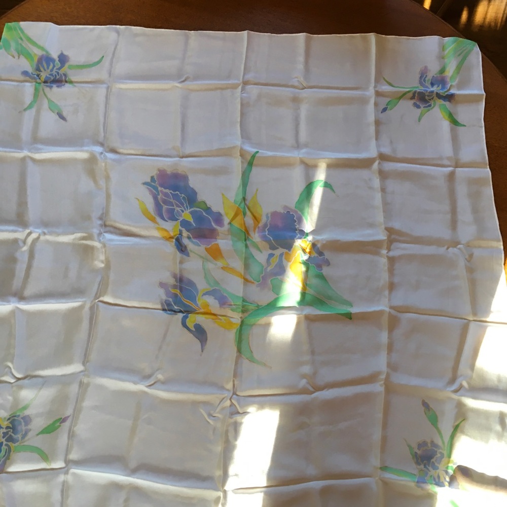 Silk scarf, hand painted irises, 35x35